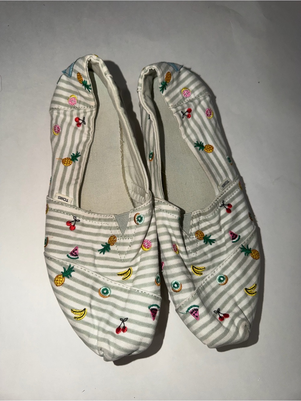TOMS Women’s Classic Slip-On Shoes - White with Fruit Embroidery